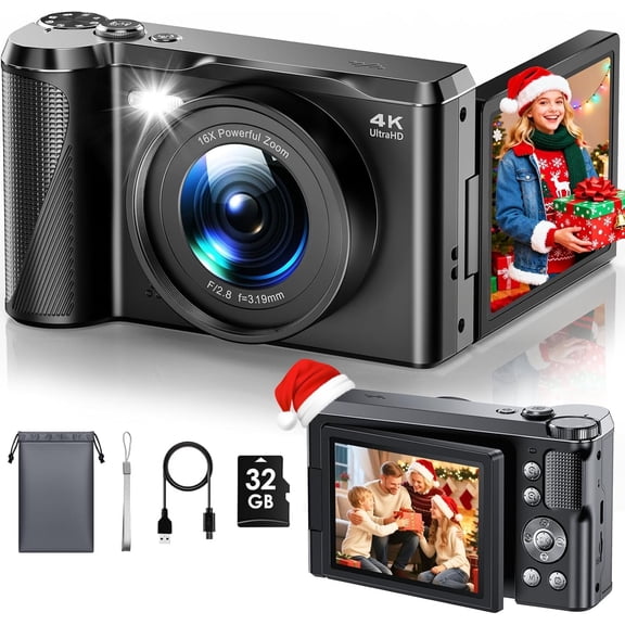 4K Digital Camera for Photography, 56MP & 3'' 180?Flip Screen Autofocus Vlogging Point and Shoot Camera for YouTube,Photo Travel Compact Camera with 16X Zoom 32G for Beginner Content Creator