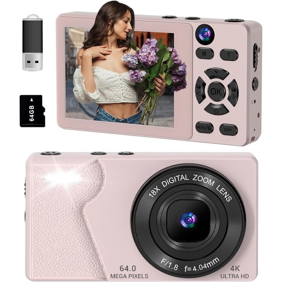 4K Digital Camera for Photography- 64MP Autofocus Vlogging Camera with Dual Lens, 18X Digital Zoom- Small Point and Shoot Camera with Card and 2000mAh for YouTube, Travel, Beginners ()
