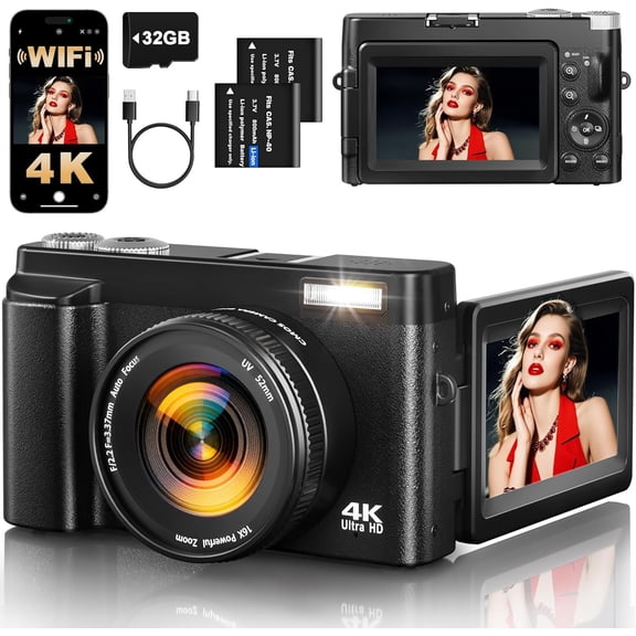 4K Digital Camera for Photography, 64MP Autofocus WiFi Vlogging Camera for YouTube with 3'' 180? Flip Screen,Travel Camera with SD Card, Point and Shoot Digital Camera 16X Zoom, UV Filter,2