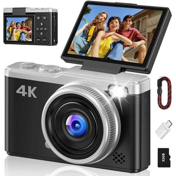4K Digital Camera for Photography, 64MP Point and Shoot Digital Cameras with 16X Digital Zoom, 2.4'' 180?Flip Screen Compact Travel Camera Auto Focus Vlogging Camera for YouTube Video (Black)