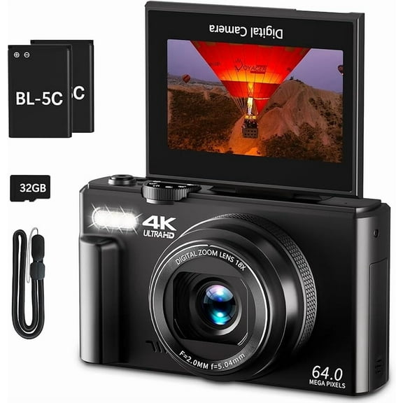4K Digital Camera for Photography, 64MP Vlogging Camera for YouTube with 3" 180 Flip Screen, 18X Digital Zoom Point and Shoot Camara with 32GB Micro SD Card for Beginner (Black)