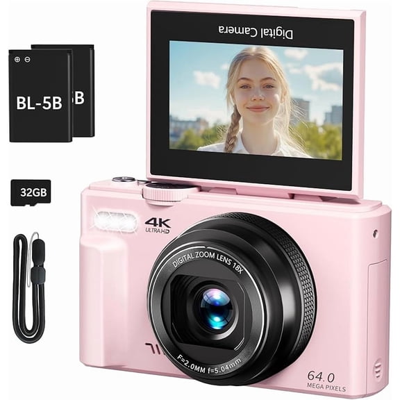 4K Digital Camera for Photography, 64MP Vlogging Camera for " 180 ° Flip Screen, 18X Digital Zoom Point and Shoot Camara with 32GB Micro SD Card for Beginner