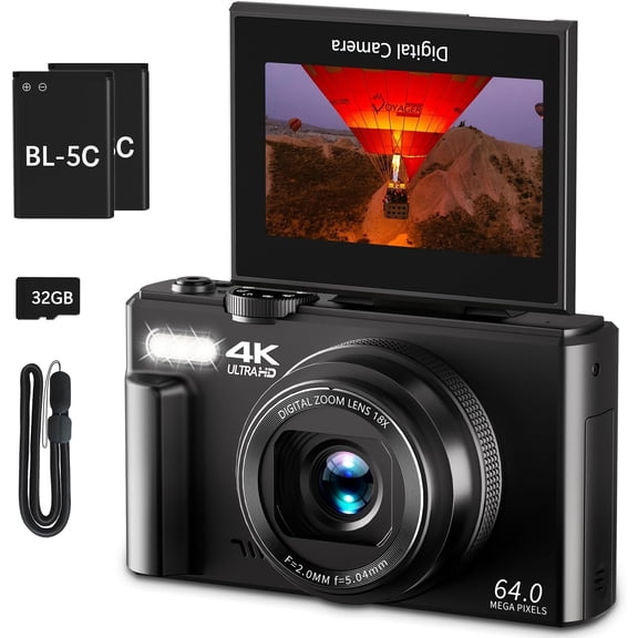 4K Digital Camera for Photography, 64MP Vlogging Camera for YouTube with 3" 180? Flip Screen, 18X Digital Zoom Point and Shoot Camara with 32GB SD Card for Beginner (Black)