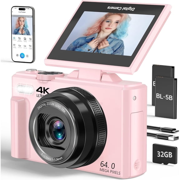 4K Digital Camera for Photography, 64MP Vlogging Camera for YouTube with 3" 180? Flip Screen, 18X Digital Zoom Point and Shoot Camara with 32GB SD Card for Beginner (LP)