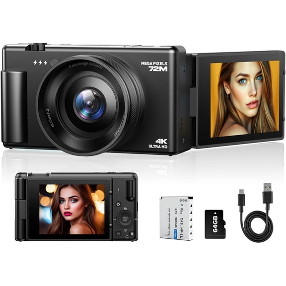 4K Digital Camera for Photography, 72MP Autofocus Vlogging Cameras for YouTube with 64GB SD Card and Battery, 18X Digital Zoom 2.8" 270 Flip Screen Compact Travel Camera for Teens