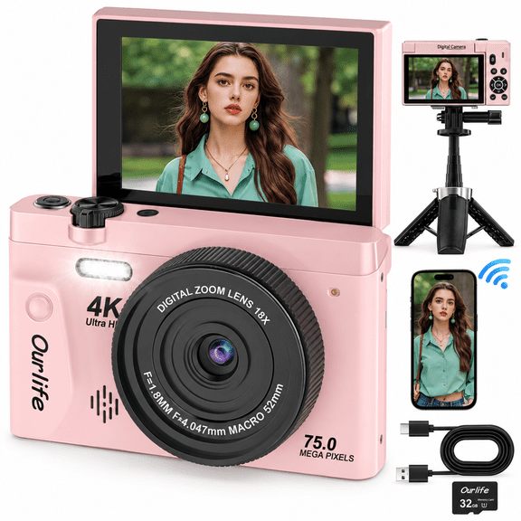 4K 75MP Digital Camera for Photography and Vlogging, Autofocus, 3" 180° Flip Screen, WiFi, 18X Zoom, 32GB Card, Tripod, Pink