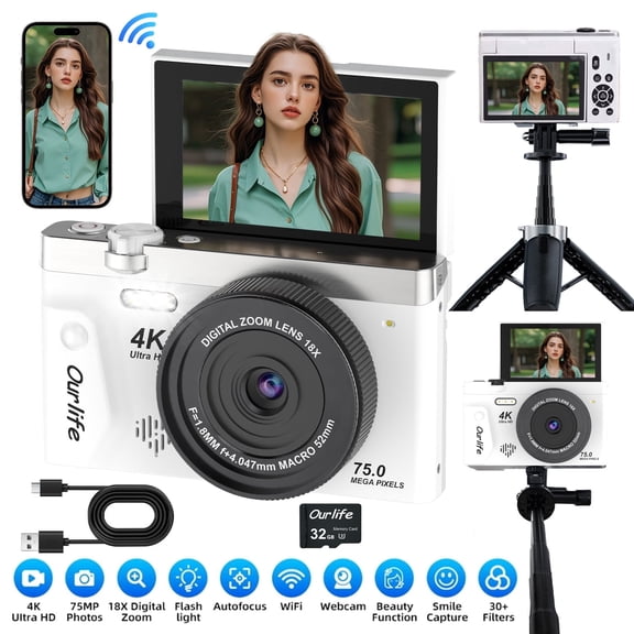 Digital Camera 4K 75MP Autofocus Vlogging Camera for Youtube with 180° Flip Screen, WiFi, 64GB Card, 18X Zoom, Beginner Video Camera for Travel,TikTok, White