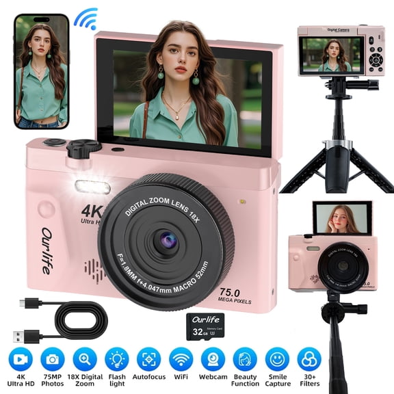 4K 75MP Digital Camera for Photography and Vlogging, Autofocus, 3" 180° Flip Screen, WiFi, 18X Zoom, 32GB Card, Tripod, Pink