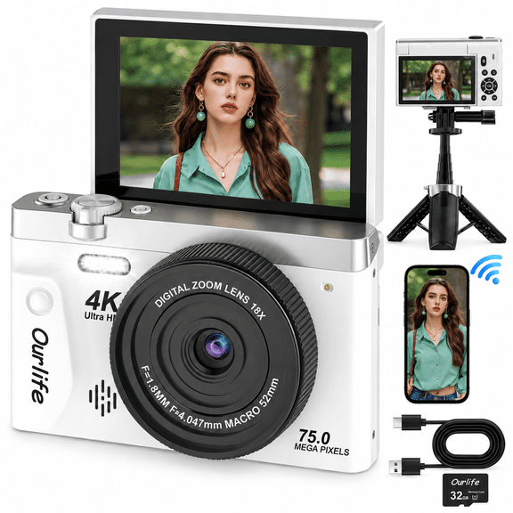 Digital Camera 4K 75MP Autofocus Vlogging Camera for Youtube with 180° Flip Screen, WiFi, 32GB Card, 18X Zoom, Beginner Video Camera for Travel,TikTok, White