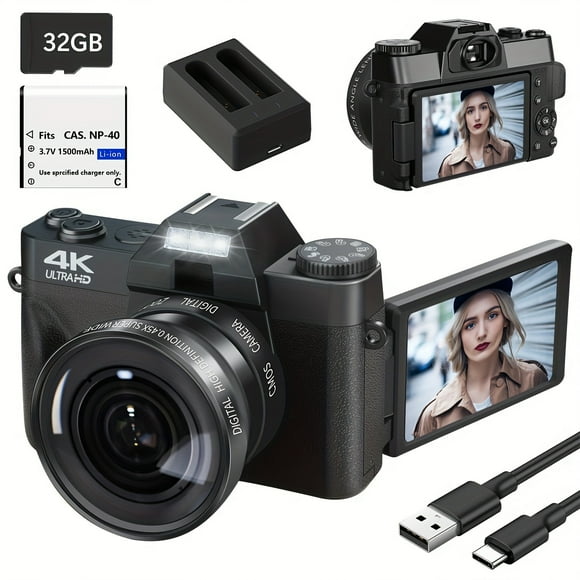 4K Digital Camera for Photography Auto-Focus 56MP Vlogging Camera, Support 16X Digital Zoom 3 Inch 180° Flip Screen, Comes with 52mm Wide Angle & Macro Lens and 32G Memory Card a 1500mAH Battery