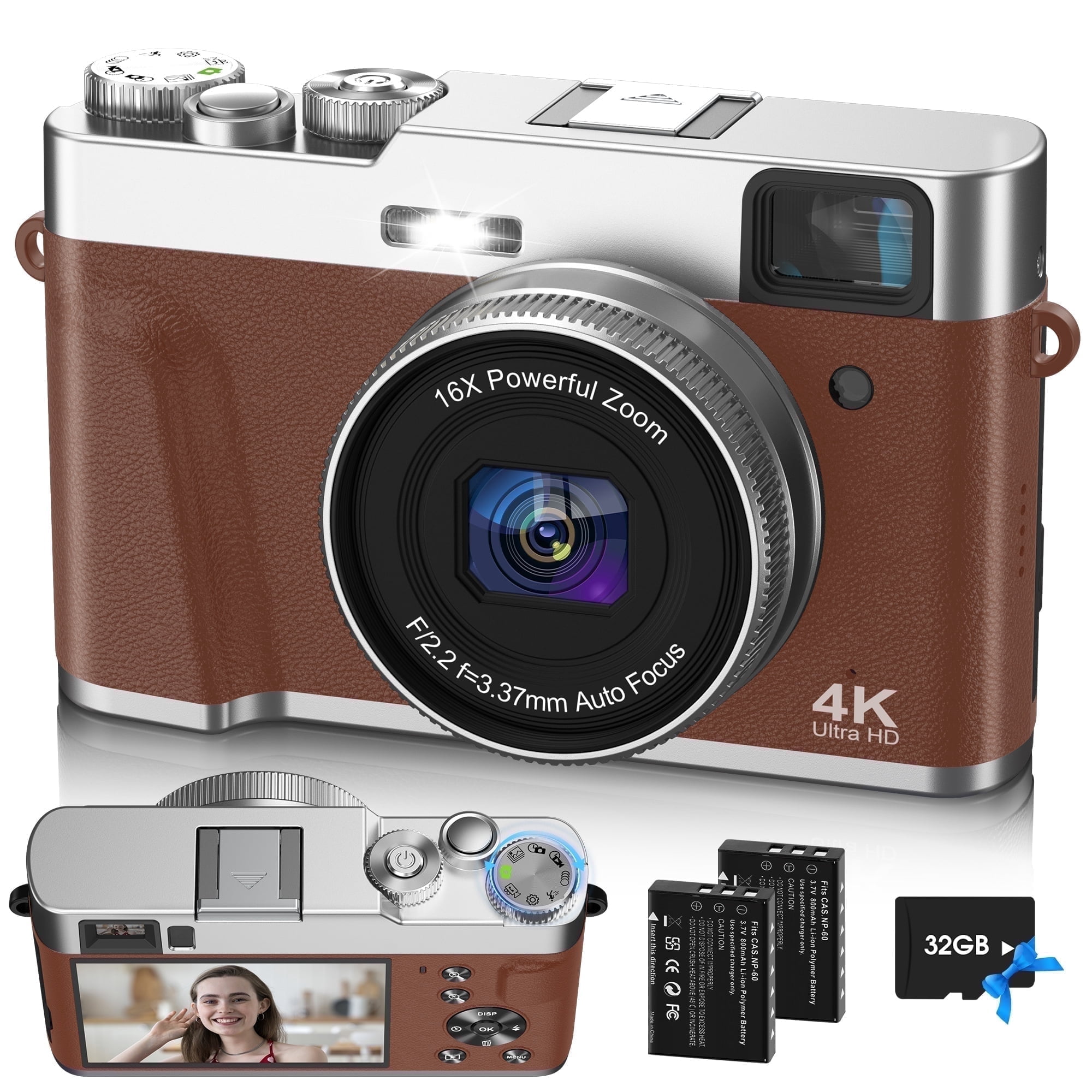 Digital Camera 4K Autofocus Anti-Shake 16X Zoom 48MP Compact Point and Shoot Digital Camera with 32GB Micro Card, Brown