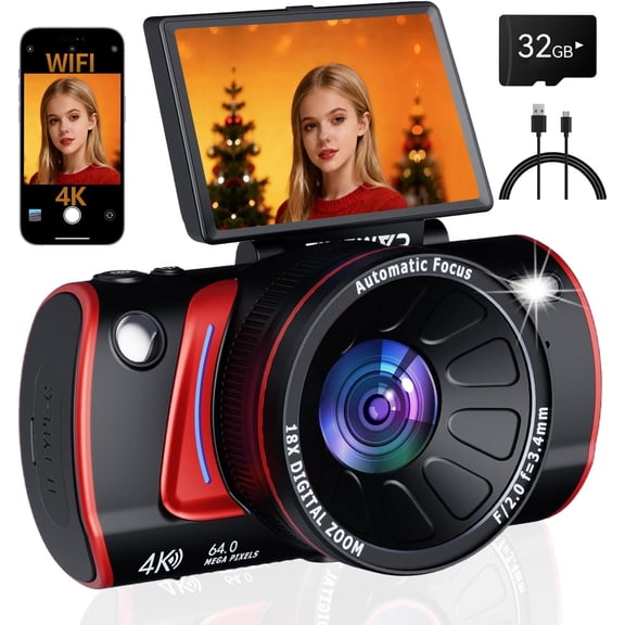 4K Digital Camera for Photography Autofocus,64MP WiFi Vlogging Camera with 3" 180? Flip Screen for YouTube,18X Zoom Travel Camera for Beginners,32GB Card & Rechargeable (Black)