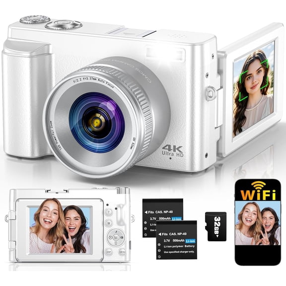 4K Digital Camera for Photography Autofocus, 64MP WiFi Vlogging Camera for YouTube with 2 , SD Card, 3" 180?Flip Screen Selfie Compact Travel Camera for Teens with 16X Zoom, Anti-Shake, White