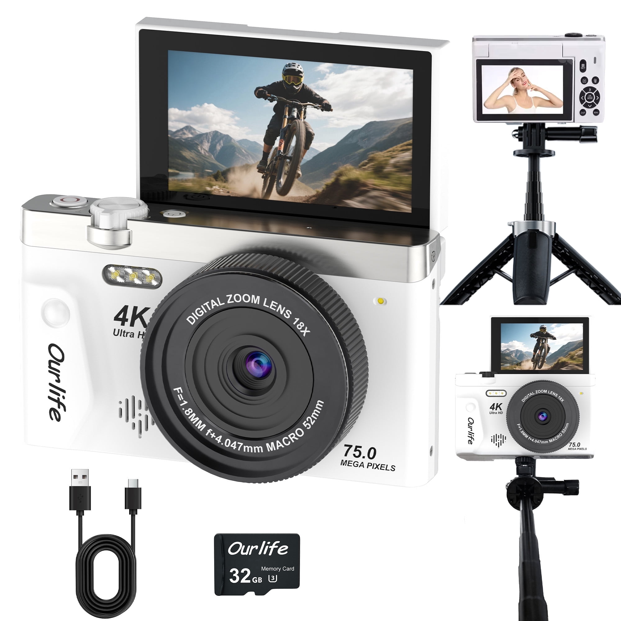 4K Digital Camera 75MP with Autofocus, 18X Zoom Vlogging Camera for Youtube, 3" Flip Screen, Compact Travel Camera for Teens, Includes 32GB Card & Tripod, White