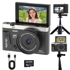 Ourlife 4K Vlogging Camera, 75MP Autofocus Compact Camera with Flip Screen, 18X Zoom, WiFi, Tripod & 32GB Card, Black