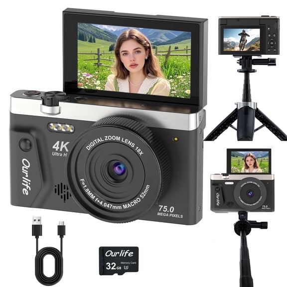 Ourlife 4K Vlogging Camera, 75MP Autofocus Compact Camera with Flip Screen, 18X Zoom, WiFi, Tripod & 32GB Card, Black