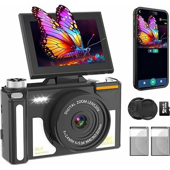 4K Digital Camera for Photography, Autofocus, WiF 64MP Vlogging Camera with 3" 180 Flip Screen for YouTube, 20X Digital Zoom Point Compact Camera with Flash Hot Shoe, 64GB TF Card & 2 Batteries