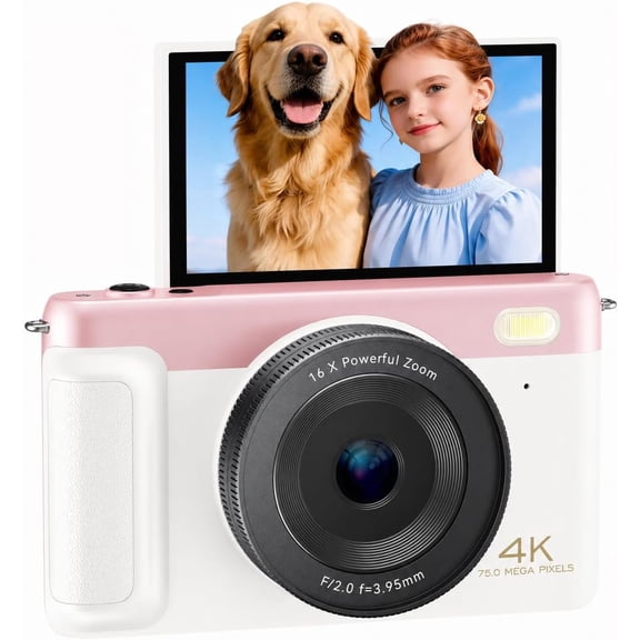 4K Digital Camera for Photography, Compact Point and Shoot Camera 75MP Autofocus Vlogging Camera with WiFi, 3" 180? Flip Screen, 16X Zoom Anti-Shake, 32GB SD 2 for Beginners, Teens