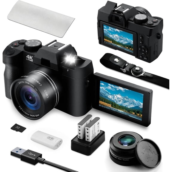 4K Digital Camera for Photography and Video Auto Focus 48 MP with WiFi Auto-Focus Vlogging Camera for YouTube with Flip Screen 16X Zoom with Macro Lens 2 & 32GB SD Card Card Reader