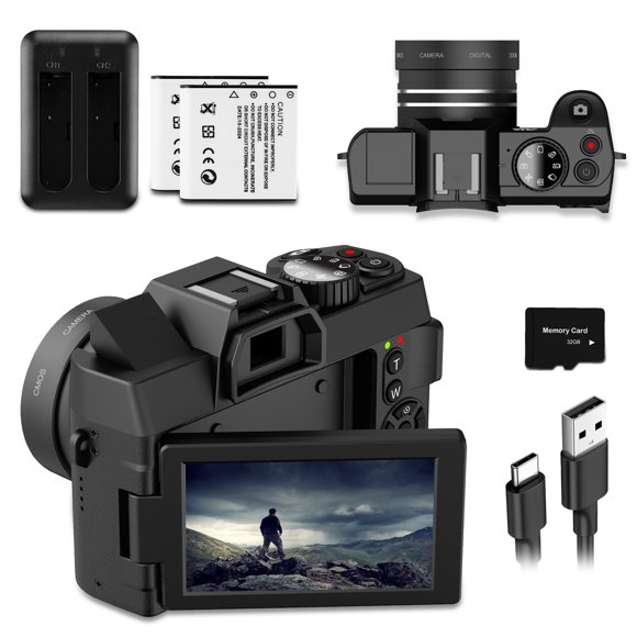 4K Digital Camera for Photography and Video Auto Focus 48MP Vlogging Travel Compact Camera ,180Flip Screen 16X Zoom with 32GB SD Card & 2 Batteries Macro Lens