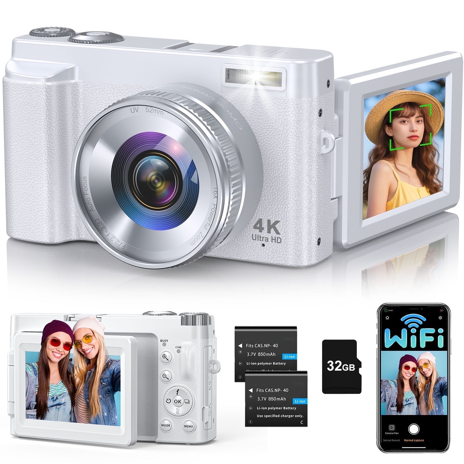 4K Digital Camera for Photography and Video, Autofocus 48MP Vlogging Camera for YouTube with 3'' 180°Flip Screen 16X Zoom Compact Travel Cameras with SD Card, 2 Batteries, Anti-Shake, Flash (White)