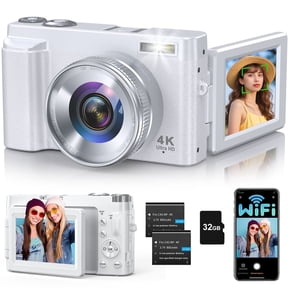 4K Digital Camera for Photography and Video, Autofocus 48MP Vlogging Camera for YouTube with 3'' 180Flip Screen 16X Zoom Compact Travel Cameras with SD Card, 2 Batteries, Anti-Shake, Flash (White)