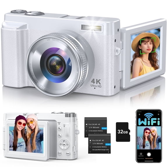 4K Digital Camera for Photography and Video, Autofocus 48MP Vlogging Camera for YouTube with 3'' 180°Flip Screen 16X Zoom Compact Travel Cameras with SD Card, 2 Batteries, Anti-Shake, Flash (White)