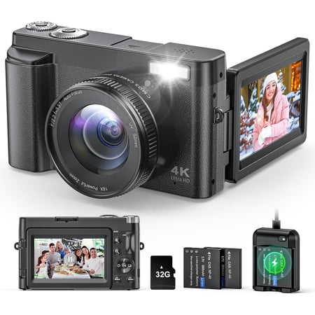 4K Digital Camera for Photography and Video, Autofocus Anti-Shake 48MP Vlogging Camera for YouTube, 3'' 180?Flip Screen Camera with Flash 16X Zoom, Digital Camera with 32GB Card Black