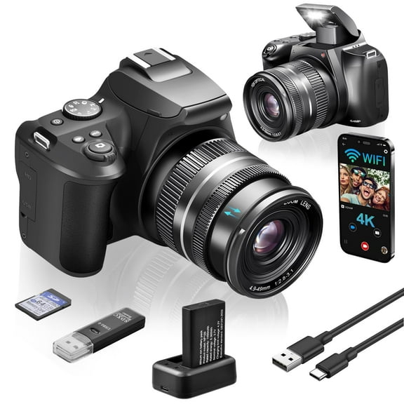 4K Digital Camera for Photography with WiFi, 10X Optical Zoom Vlogging Camera for YouTube 64MP Autofocus Compact Camera with 64GB SD Card, Battery, USB Card Reader & Charging Stand