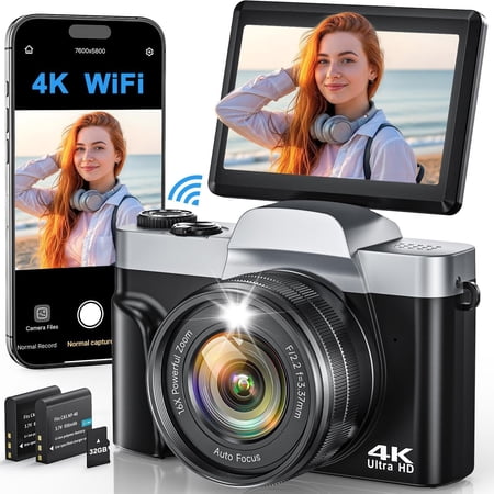 4K Digital Camera for Photography, WiFi 64MP Autofocus Vlogging Camera for YouTube, 3" 180? Flip Screen, 16X Zoom Antishake Compact Point and Shoot Travel Cameras with 32GB SD Card, 2 , Black
