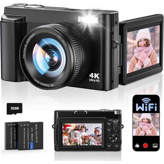 4K Digital Camera for Photography, WiFi Autofocus 64MP Vlogging Camera for YouTube, 180? 3" Flip Screen 30FPS Video Cameras with Flash Anti-Shake 16X Zoom 32GB Card, Compact Travel Digital Camera