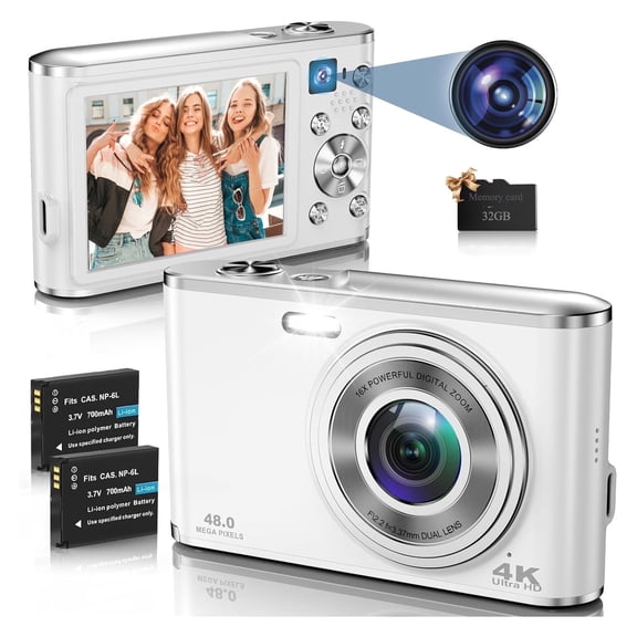 4K 48MP Vlogging Camera with 2.8" Screen, Autofocus & 16X Zoom, Front/Rear Cameras, 32GB TF Card Included, Portable for Travel (White)