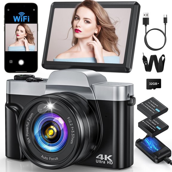 4K Digital Camera with WiFi 64MP Autofocus Vlogging Camera for YouTube Compact Video Cameras for Photography, 3" 180? Flip Screen 16X Zoom Anti-Shake Point and Shoot Camera for Beginners Teens, Black