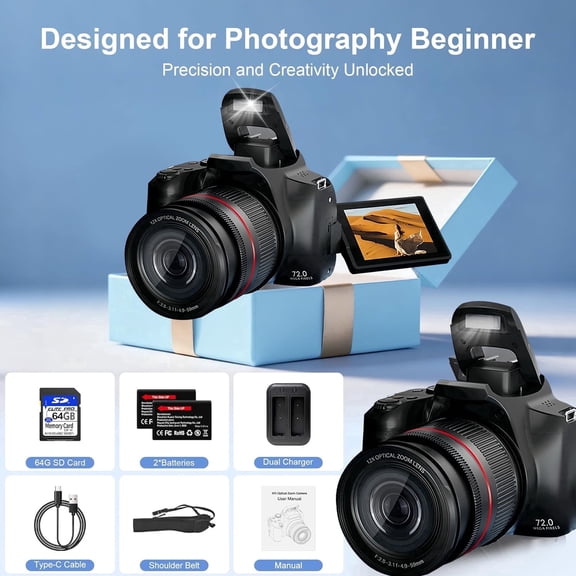4K Digital Camera WiFi Digital Video Camera Camcorder 64MP 3.0 Inch IPS Screen 12X Optical Zoom Auto/Manual Focus Built-in Flash Battery Electronic Stabilization with Strap for Vlogging