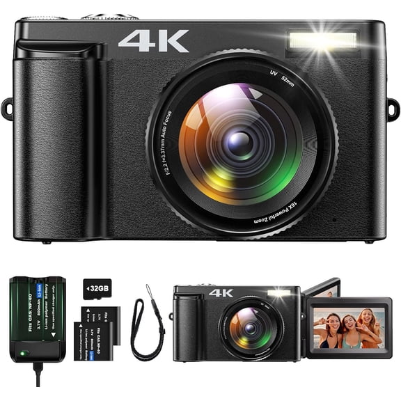 4K Digital Camera for Photography 48MP Vlogging Camera for YouTube with 32GB Card 3" 180 Flip Screen Auto-Focus 16X Digital Zoom