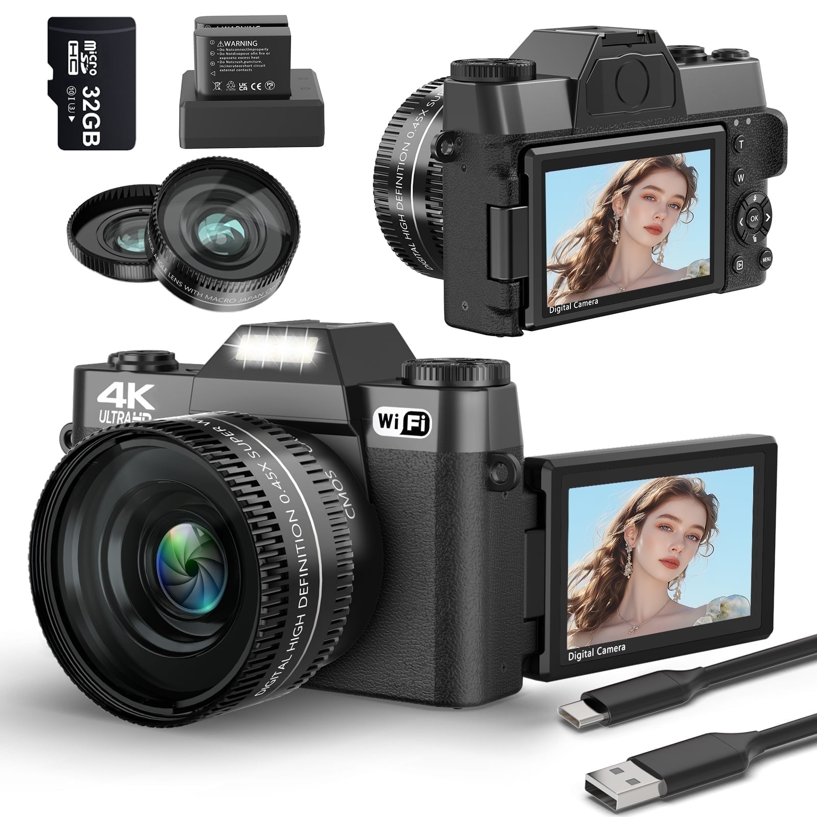 4K Digital Camera, 56MP Wide Angle Camera Macro Lens, 18x Digital Zoom with WiFi and Manual Focus, 3.5 Inch Compact Camera 180° Flip Screen, Vlogging Digital Camera for Beginners, 32G