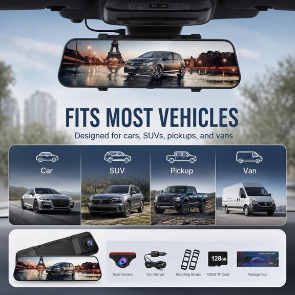 4K Dual Dash Cam for Cars, 9.66 Touchscreen Mirror Camera with WiFi, CarPlay, Suitable for All Models, Front 4K + Rear 1080P Recording, Night Vision, Parking Assist, 128G sd Card