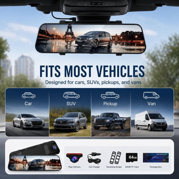 4K Dual Dash Cam for Cars, 9.66 Touchscreen Mirror Camera with WiFi, CarPlay, Suitable for All Models, Front 4K + Rear 1080P Recording, Night Vision, Parking Assist, 64G sd Card