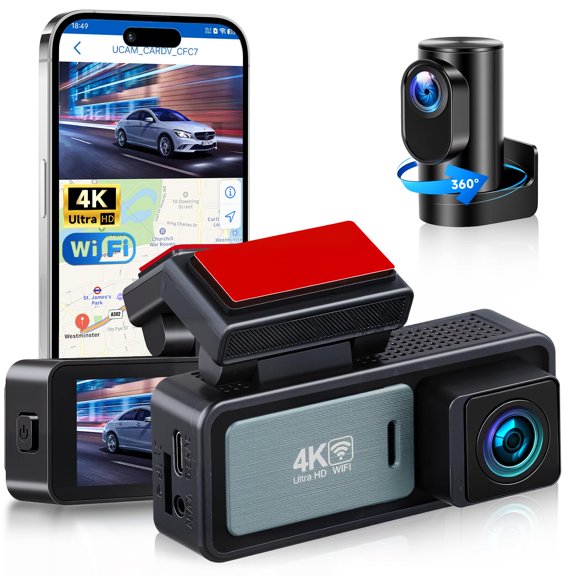 4K Dual Dash Camera Front and Rear, Dashcam for Cars Bulit-in WiFi, 360 Rear View Car Camera, 4K+1080P Dual Dash Camera for Cars, GPS, G-Sensor, Night Vison, Wide Angle, Loop Recording
