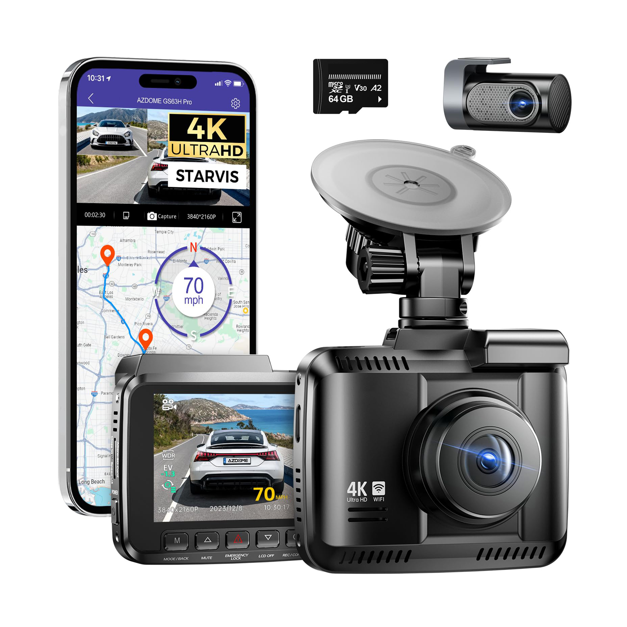 4K Dual Lens Dash Camera with GPS, WiFi, Sony Starvis Sensor, Front and ...