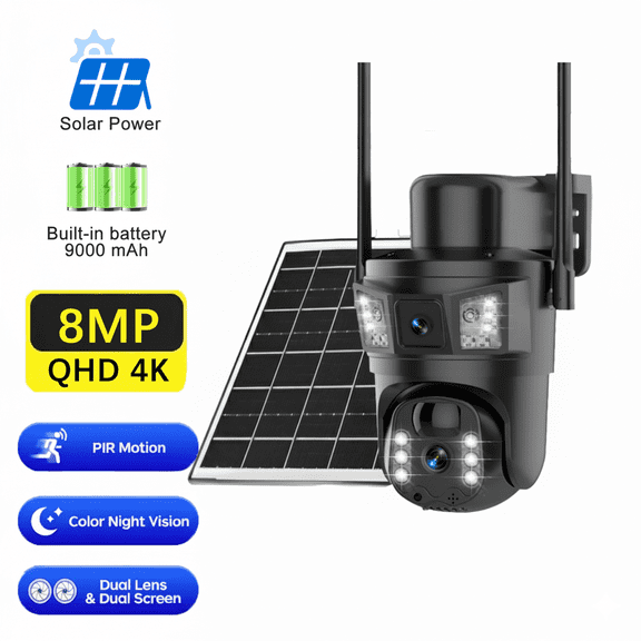 4K Dual Lens Solar Security Camera Wireless Outdoor, 8MP 2 4Ghz 5Ghz WiFi Home Video Surveillance Camera With Color Night Vision.PTZ Contorl, Two Way Audio, PIR Motion Detection, Waterproof