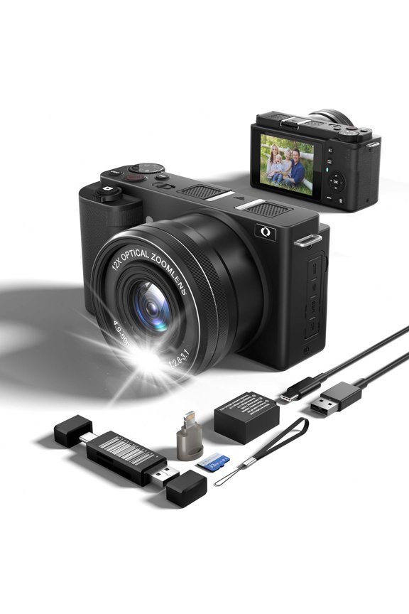 4K Dual Lens Vlogging Camera 64MP Autofocus 12X Optical Zoom 2.4 Inch Screen 64GB Card Included Compact Point Shoot Digital Camera for Kids Teens Black