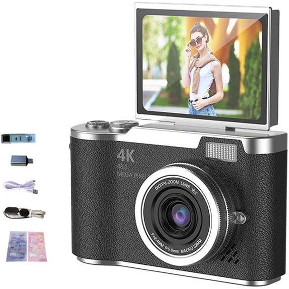 4K Foldable Screen Student Camera, 2025 Upgrade Portable FHD 4K 48MP Point and Shoot Digital Camera, 4K Digital Camera with 18X Zoom Anti-Shake with Flip Screen