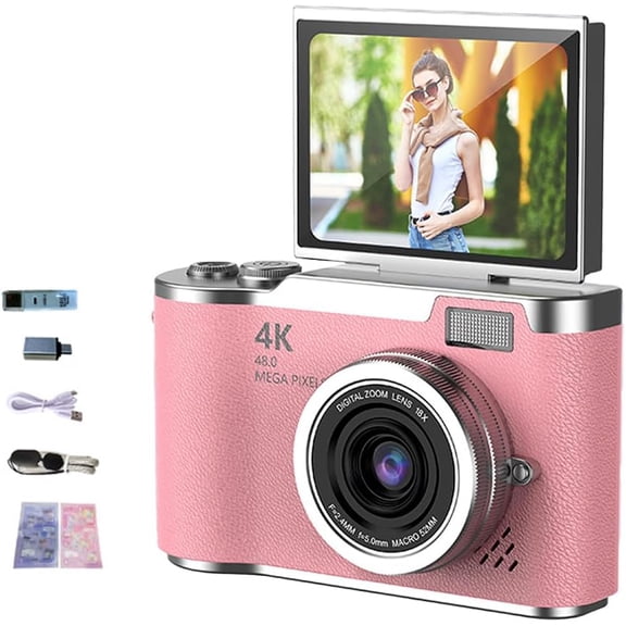 4K Foldable Screen Student Camera, 2025 Upgrade Portable FHD 4K 48MP Point and Shoot Digital Camera, 4K Digital Camera with 18X Zoom Anti-Shake with Flip Screen