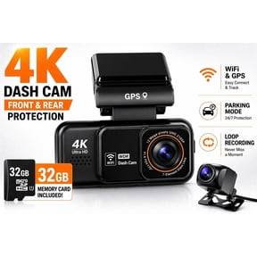 4K Dash Cam Front & 2K Rear, WiFi GPS, Night Vision, Parking Mode, Loop Recording, Memory Card Included