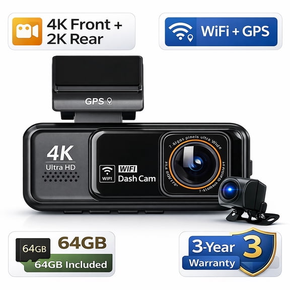 4K Dash Cam Front and Rear with WiFi GPS  Dual Car Camera 4K Front 2K Rear, Night Vision, Parking Mode, 64GB Card, Hardwire Kit