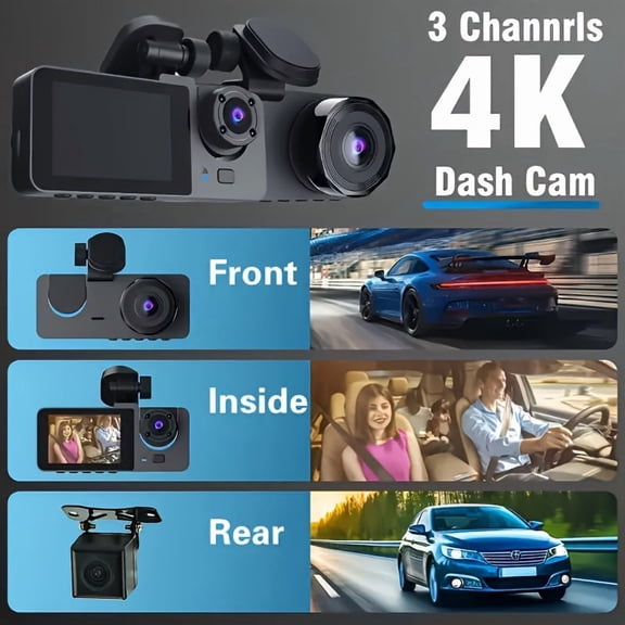4K Front & 1080P Rear Dash Cam, 3-Channel Driving Recorder with Night Vision, WDR, Loop and 24H Parking Mode, Includes 32/64GB SD Card