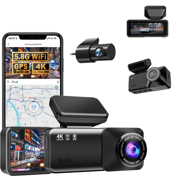 4K Front & Rear Camera, GPS, 64GB Card, 170 Wide Angle, Parking Mode, Night Vision