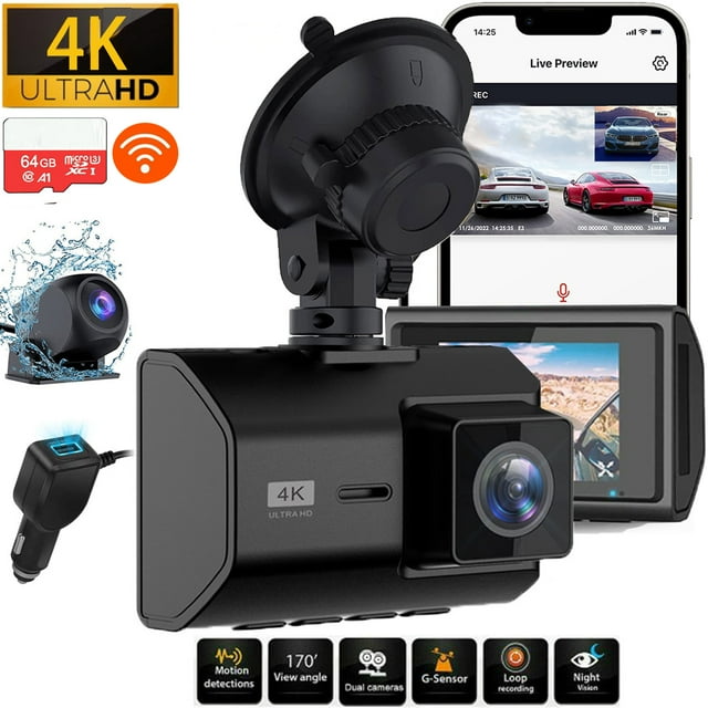 Best Dual Dash Cam With Wifi MHKJP M500 4K Dual Dash Cam with GPS WiFi, Night Vision, 64GB SD