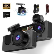 4K Full UHD 3-Channel Car Dash Cam - Front & Rear Cameras with 32GB Card, 2.0'' IPS Screen, Super Night Vision, WDR & Parking Monitoring​